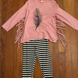 Pink Feather Fringe Top and Striped Leggings Set